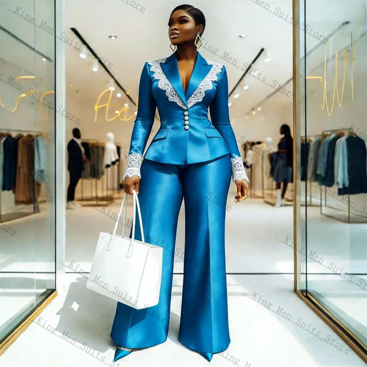 Blue Satin Lace Women Suit Set - đánh giá và giá Women Formal Wear Coat