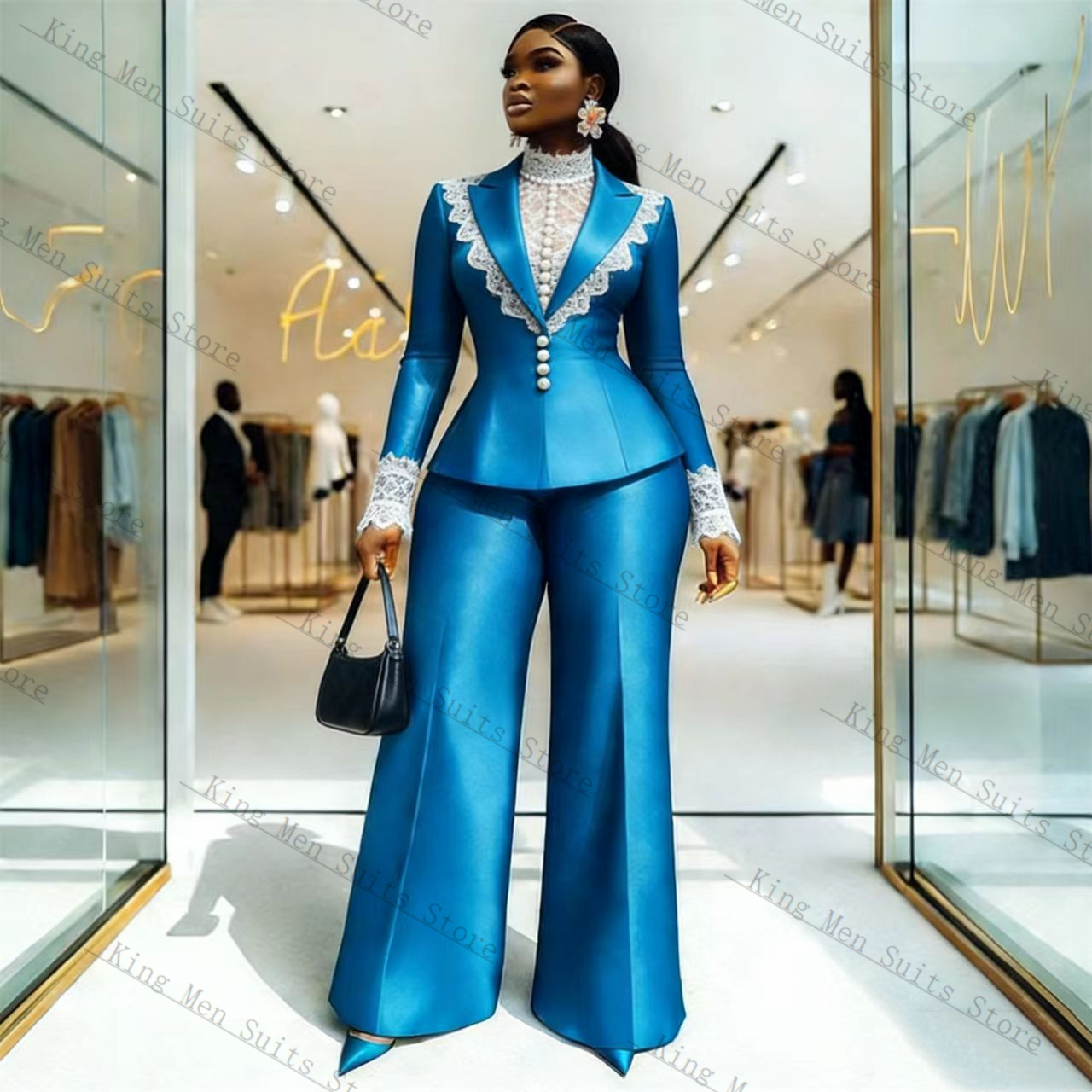 Blue Satin Lace Women Suit Set - đánh giá và giá Women Formal Wear Coat